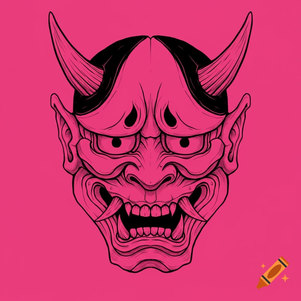 Black line art of an oni mask on a pink background.