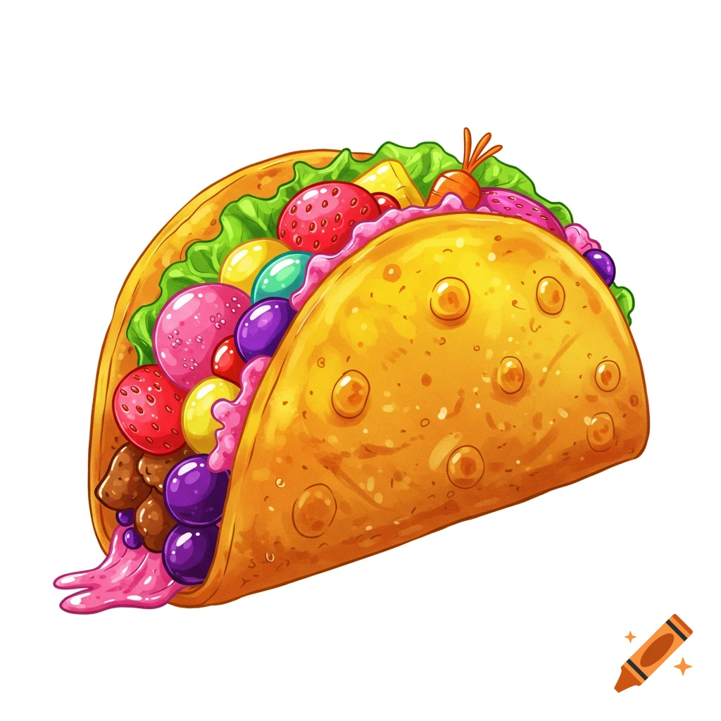 Colorful cartoon taco filled with fruit.