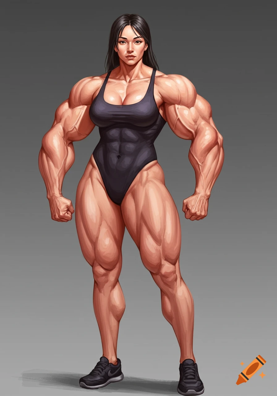 Illustration of a very muscular woman in a black swimsuit and sneakers, standing.