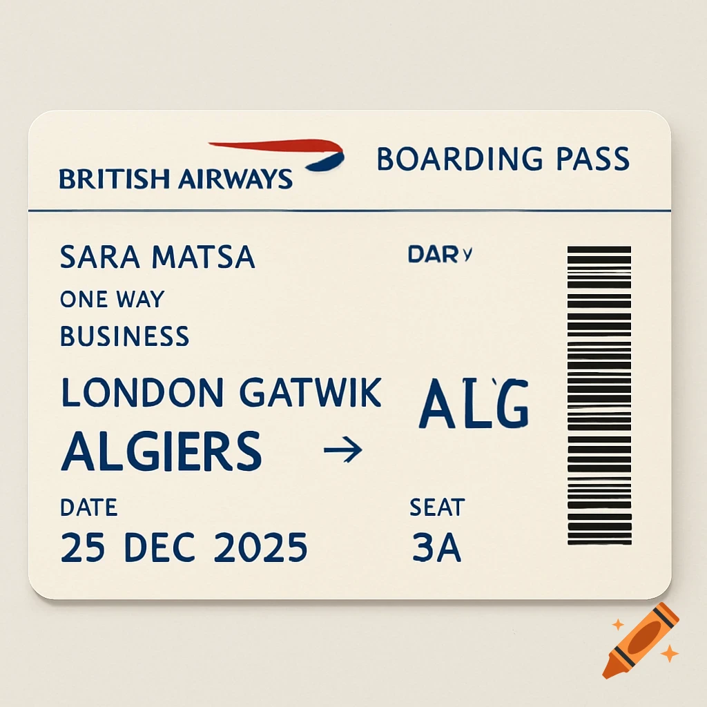 British Airways boarding pass for Sara Matsa from London to Algiers.