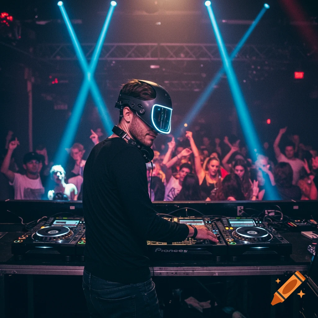 A DJ with a glowing helmet mixing music at a crowded club under blue lights.