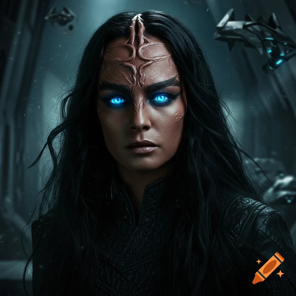 Close-up portrait of a female Klingon with long dark hair, glowing blue eyes, and prominent forehead ridges.