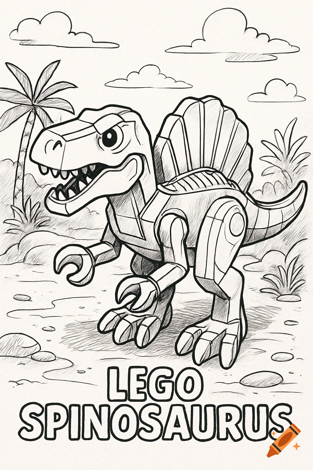 A black and white coloring page illustration of a blocky, Lego-style Spinosaurus dinosaur in a desert scene with palm trees and clouds. The text "LEGO SPINOSAURUS" is below the dinosaur.