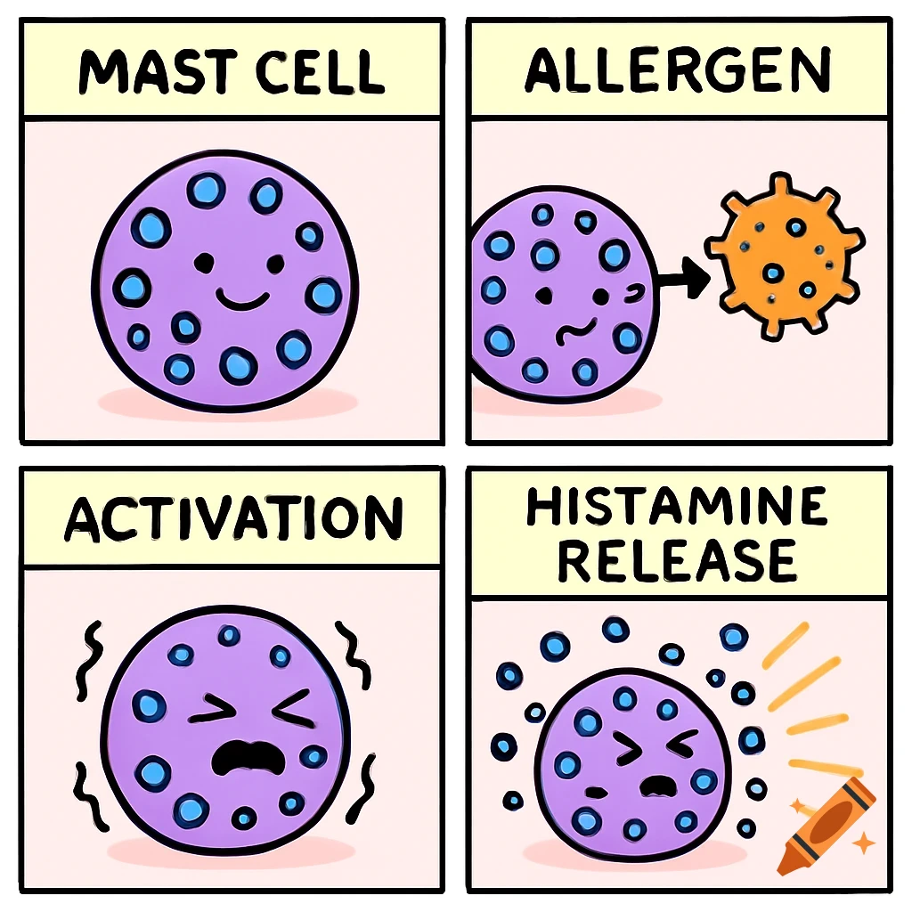 Four panel cartoon comic showing a mast cell reacting to an allergen and releasing histamine.