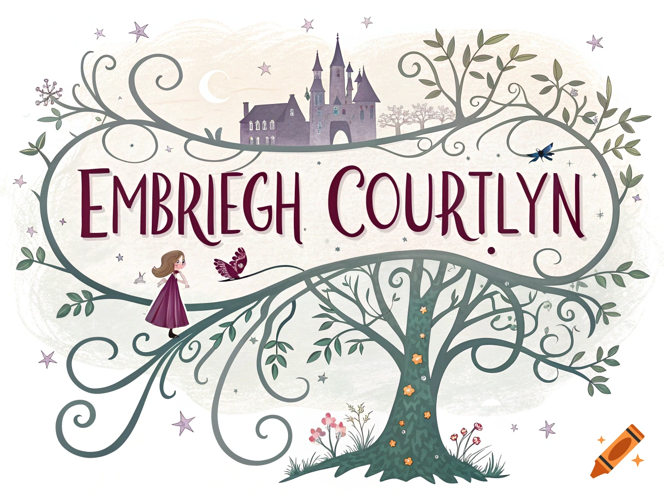 Fairytale illustration with a castle, tree, girl, and text 'EMBRIEGH COURTLYN'.