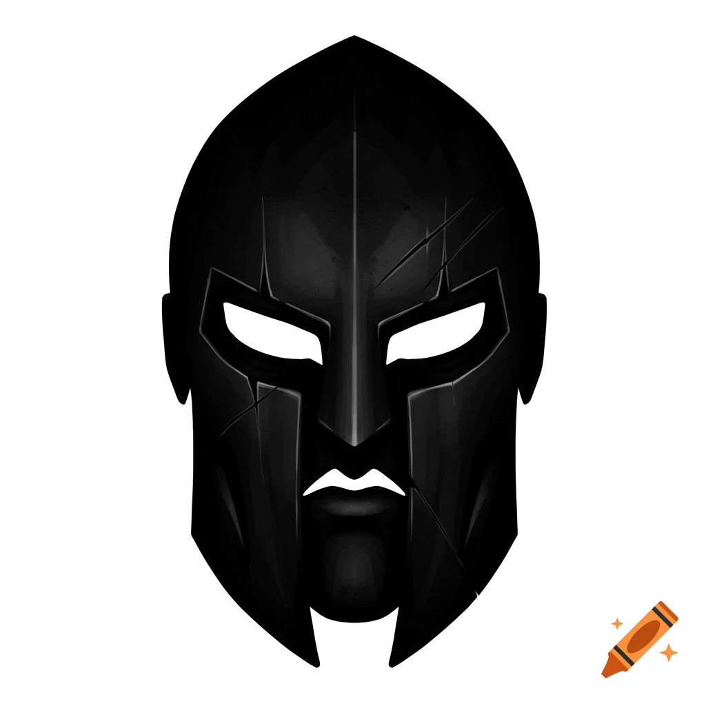 Stylized illustration of a black Spartan mask with scratches on a white background.