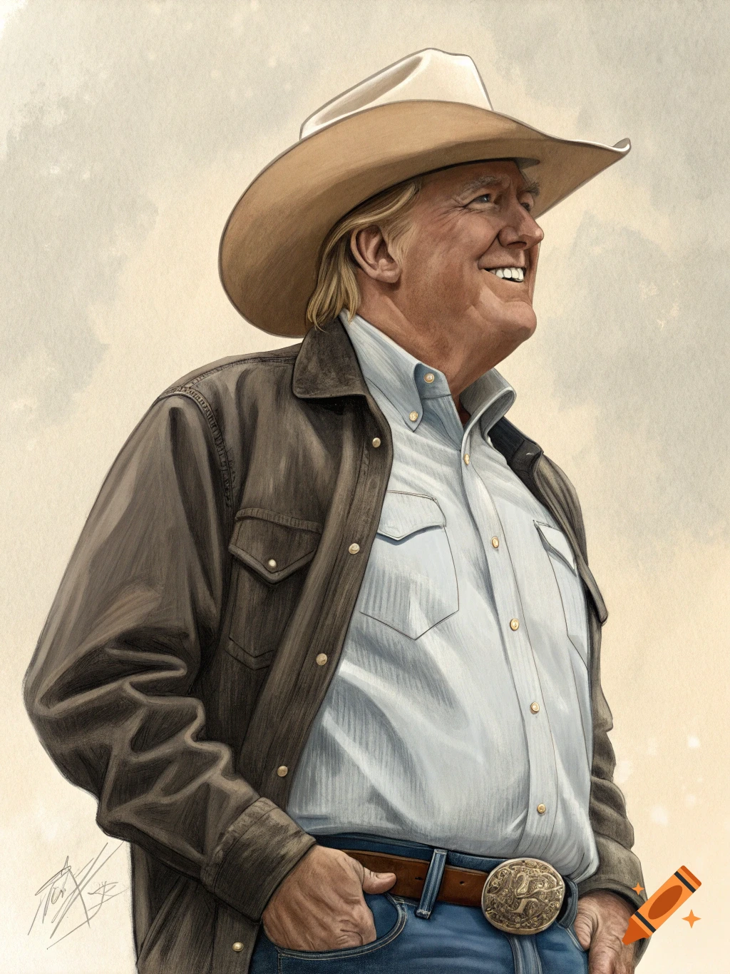 Illustration of Donald Trump smiling in a cowboy hat and jacket with hand in pocket