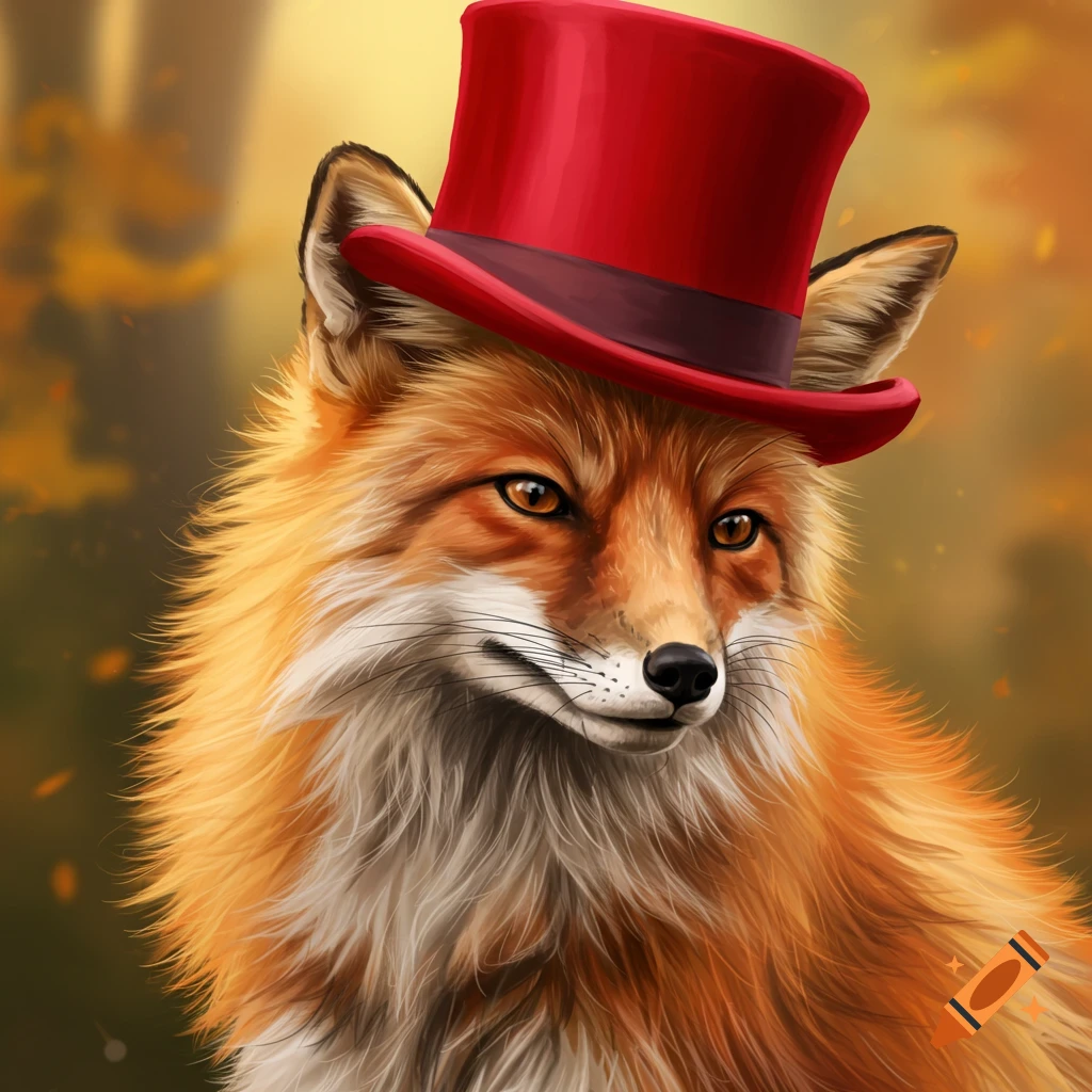 Illustration of a fox wearing a red top hat in an autumn setting