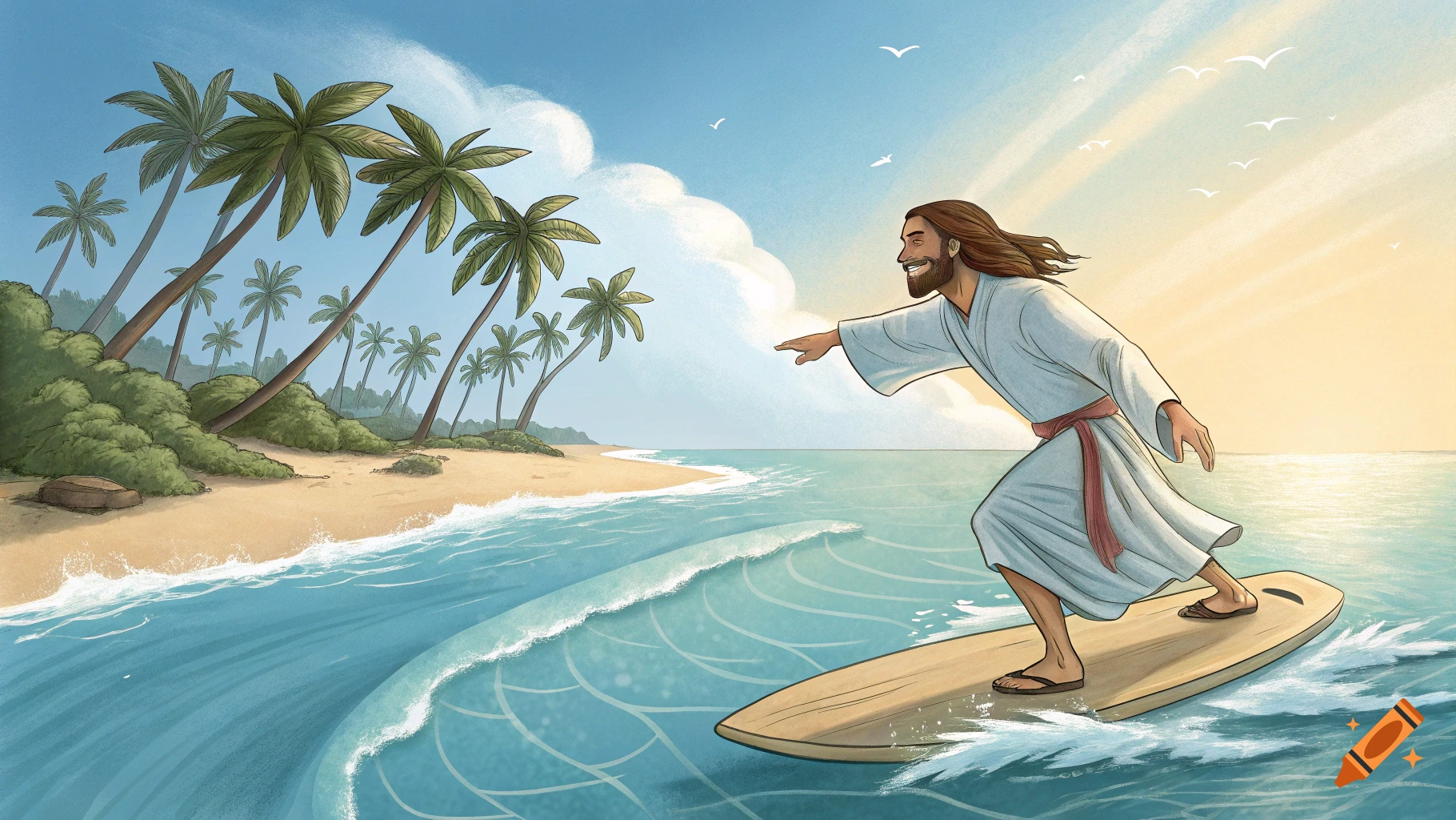 Illustration of Jesus surfing on a surfboard in a tropical ocean with palm trees on a beach.