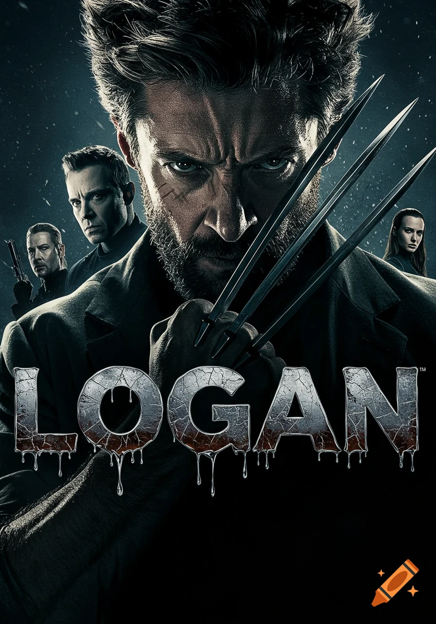 Movie poster for Logan featuring Wolverine with his claws and metallic title text.