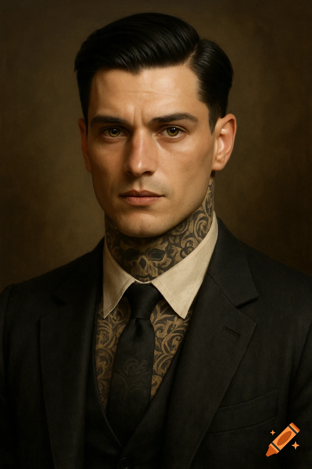 Photorealistic portrait of a handsome man with neck tattoos wearing a suit and tie.