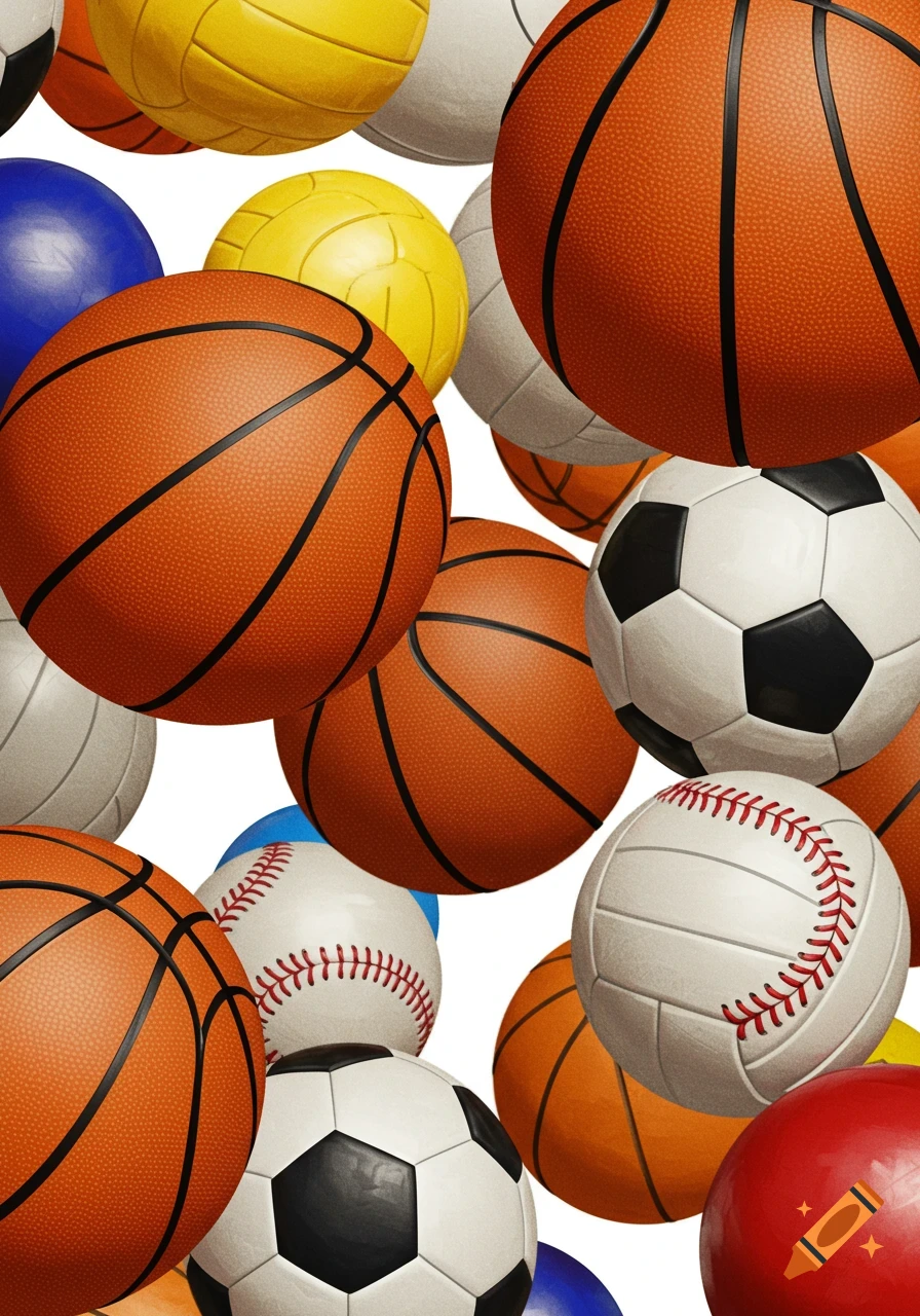 Close up of many different sports balls including basketballs, soccer balls, volleyballs, and baseballs.