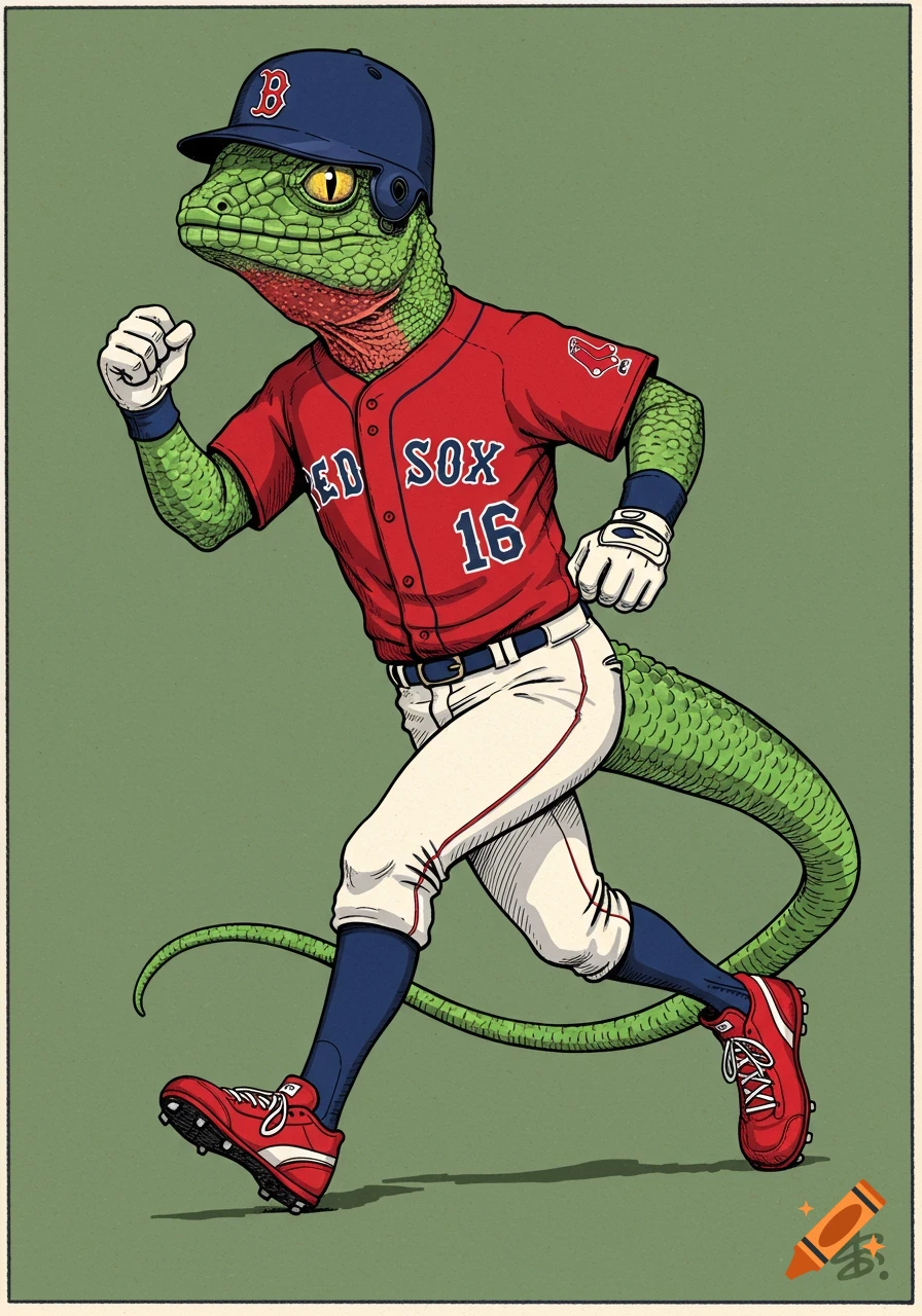 Illustration of a green lizard wearing a Red Sox baseball uniform, helmet, and cleats, running.
