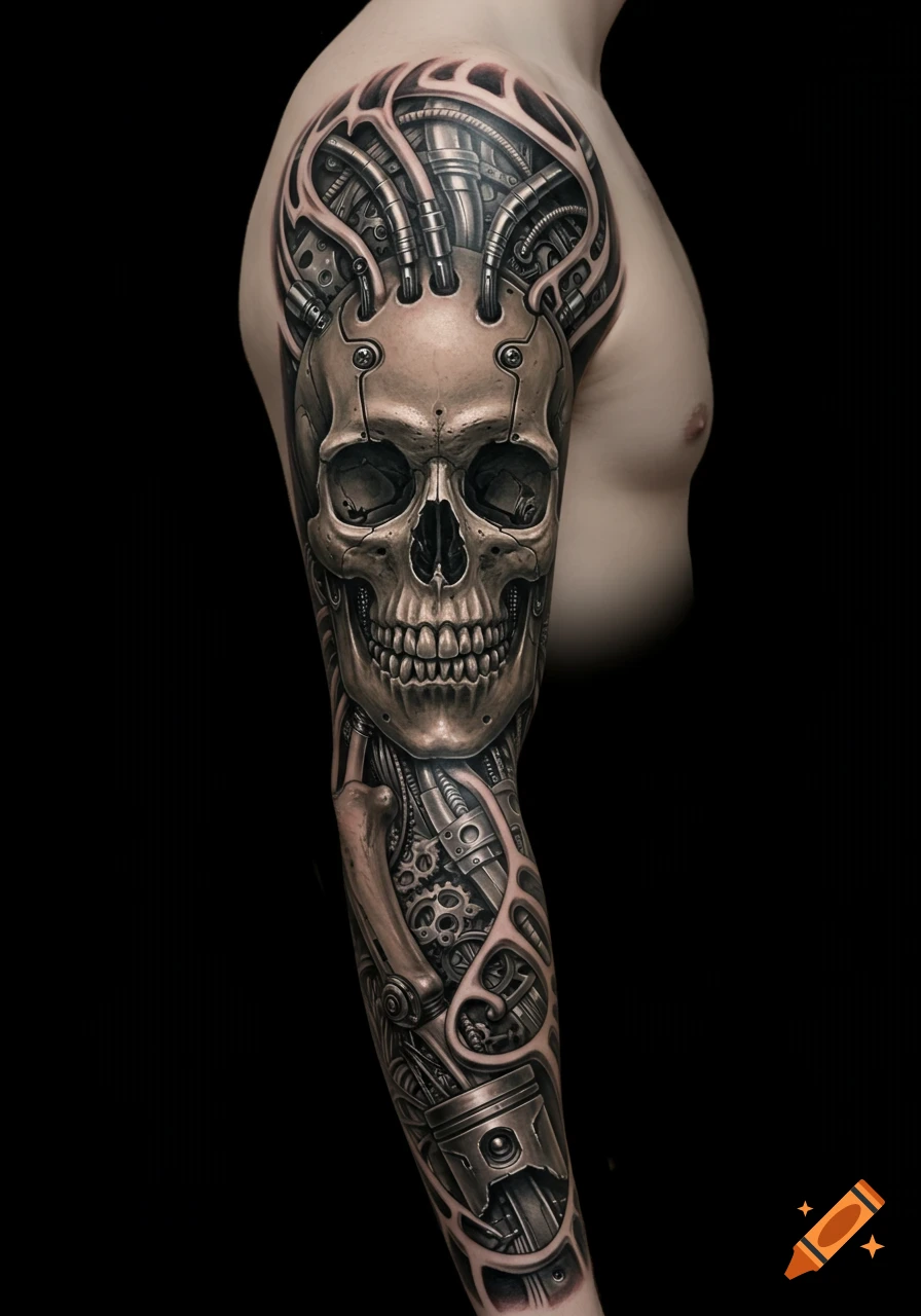 Highly detailed biomechanical skull and machinery tattoo on an arm.
