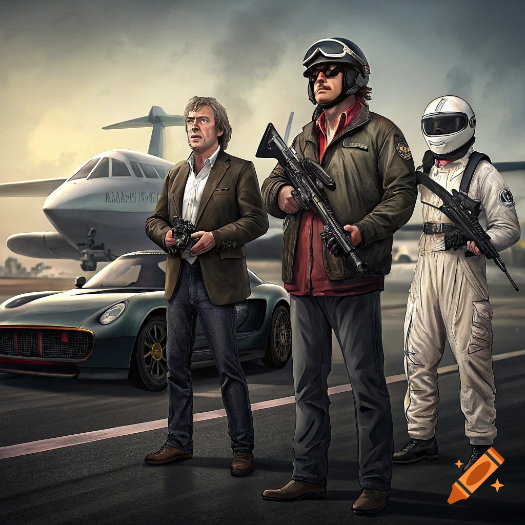 Three men, two holding guns, stand on an airport runway with a car and jet behind them.
