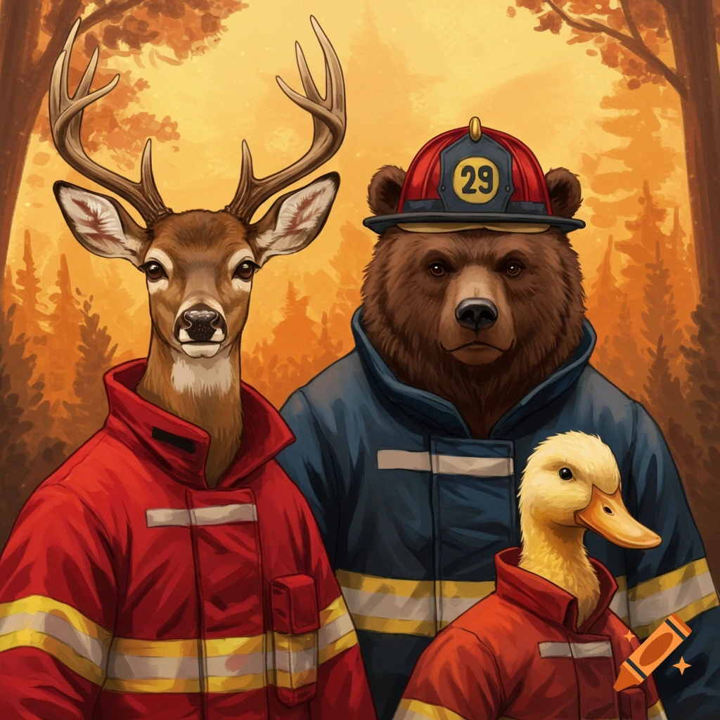 A deer, bear, and duck wearing firefighter gear stand in a forest.
