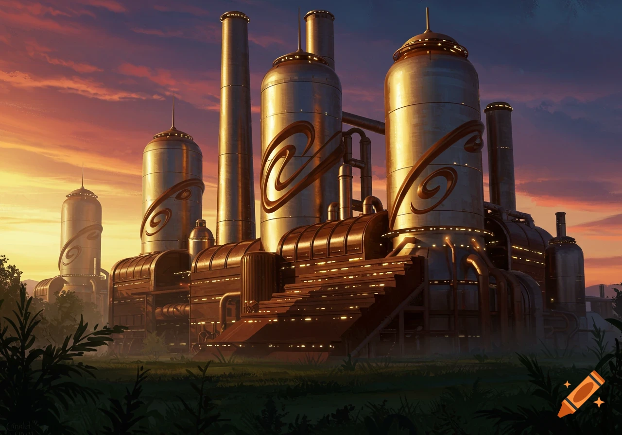 Futuristic factory exterior at sunset with large tanks and structures.