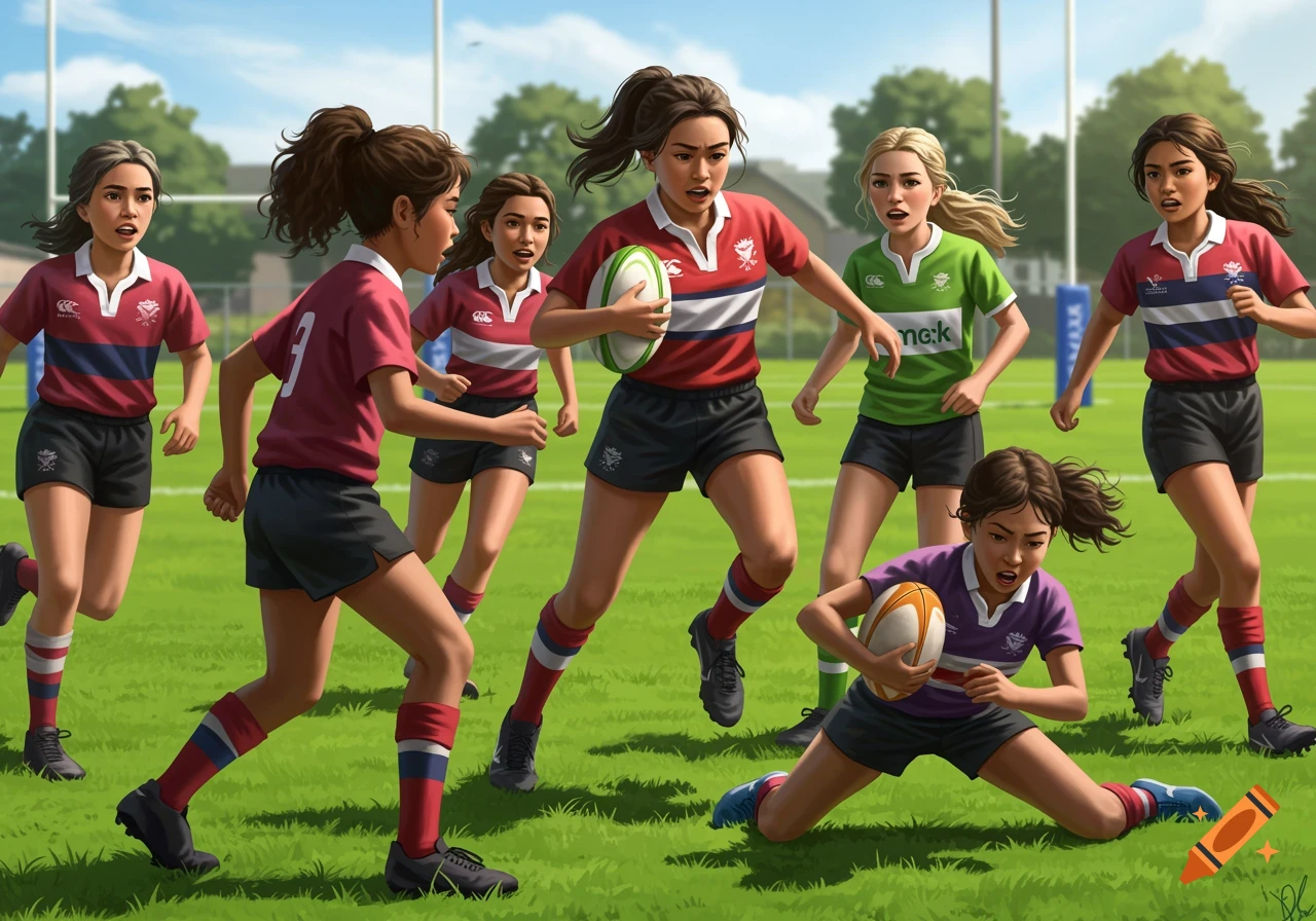 Girls play rugby on a field.