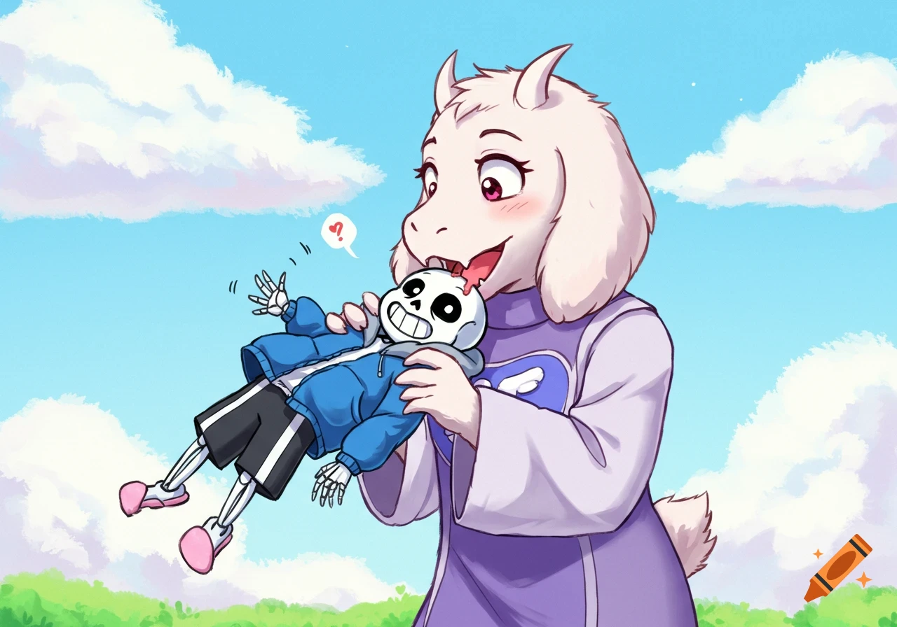 Cartoon illustration of Toriel licking Sans in a grassy field.