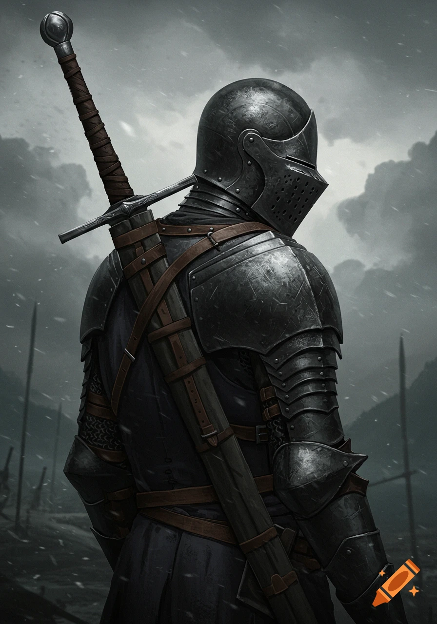A knight in dark armor with a sword on his back stands looking away in a stormy landscape.