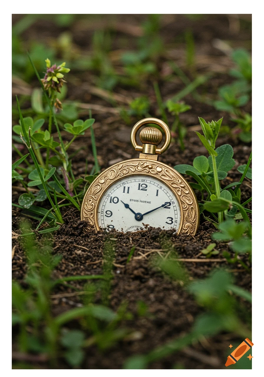 Photorealistic pocket watch partially buried in dirt among grass and weeds