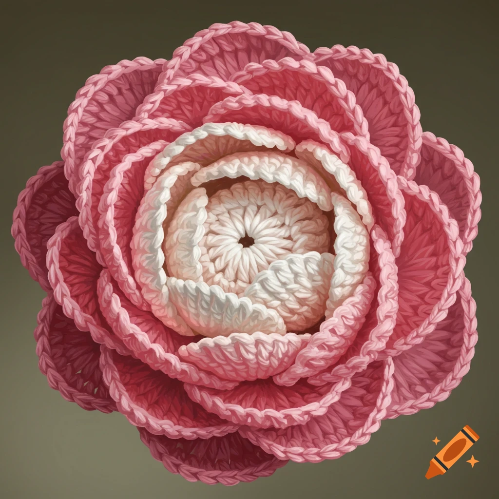 Close-up of a pink and white crochet flower.