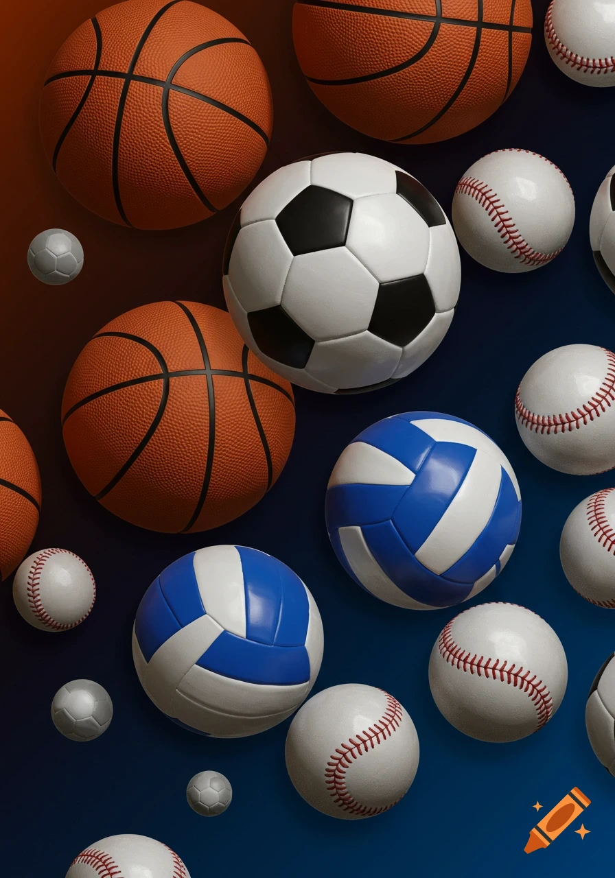 Close-up view of various sports balls including basketballs, soccer ball, volleyballs, and baseballs on a dark background.