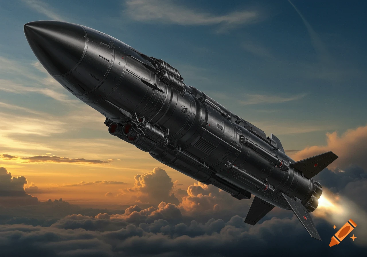 Large black missile flies above clouds at sunset