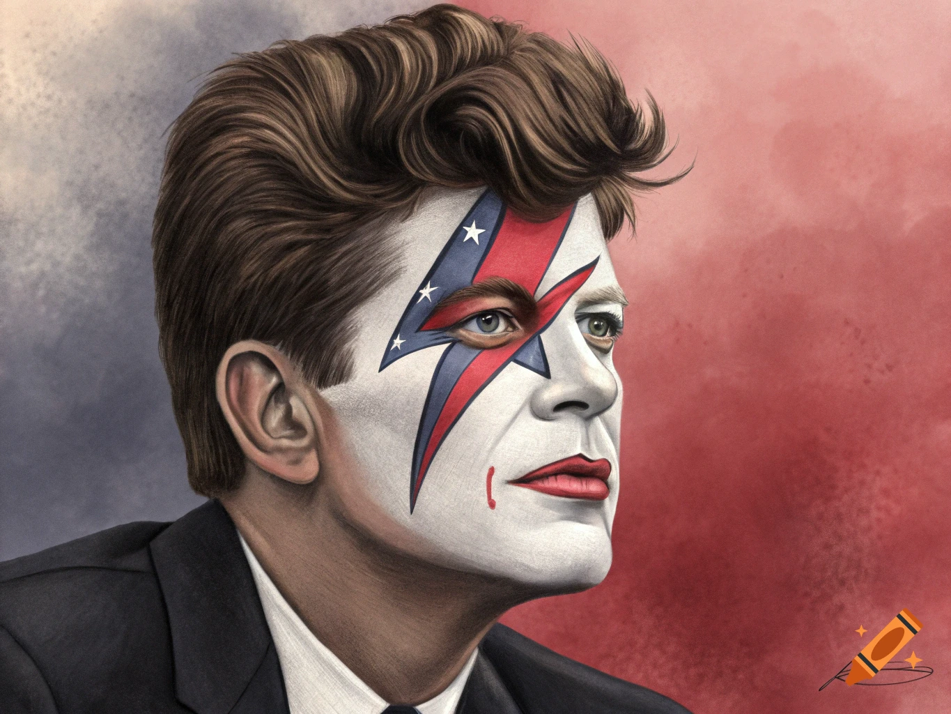 Digital painting of JFK wearing a US flag-themed lightning bolt face mask.
