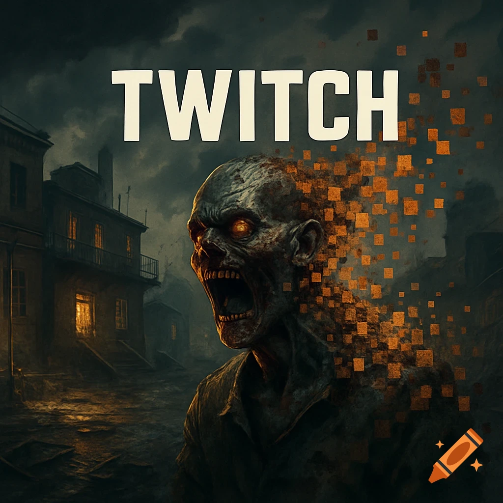 A decaying zombie head dissolves into orange pixels under the word "TWITCH" against a dark, ruined street background.
