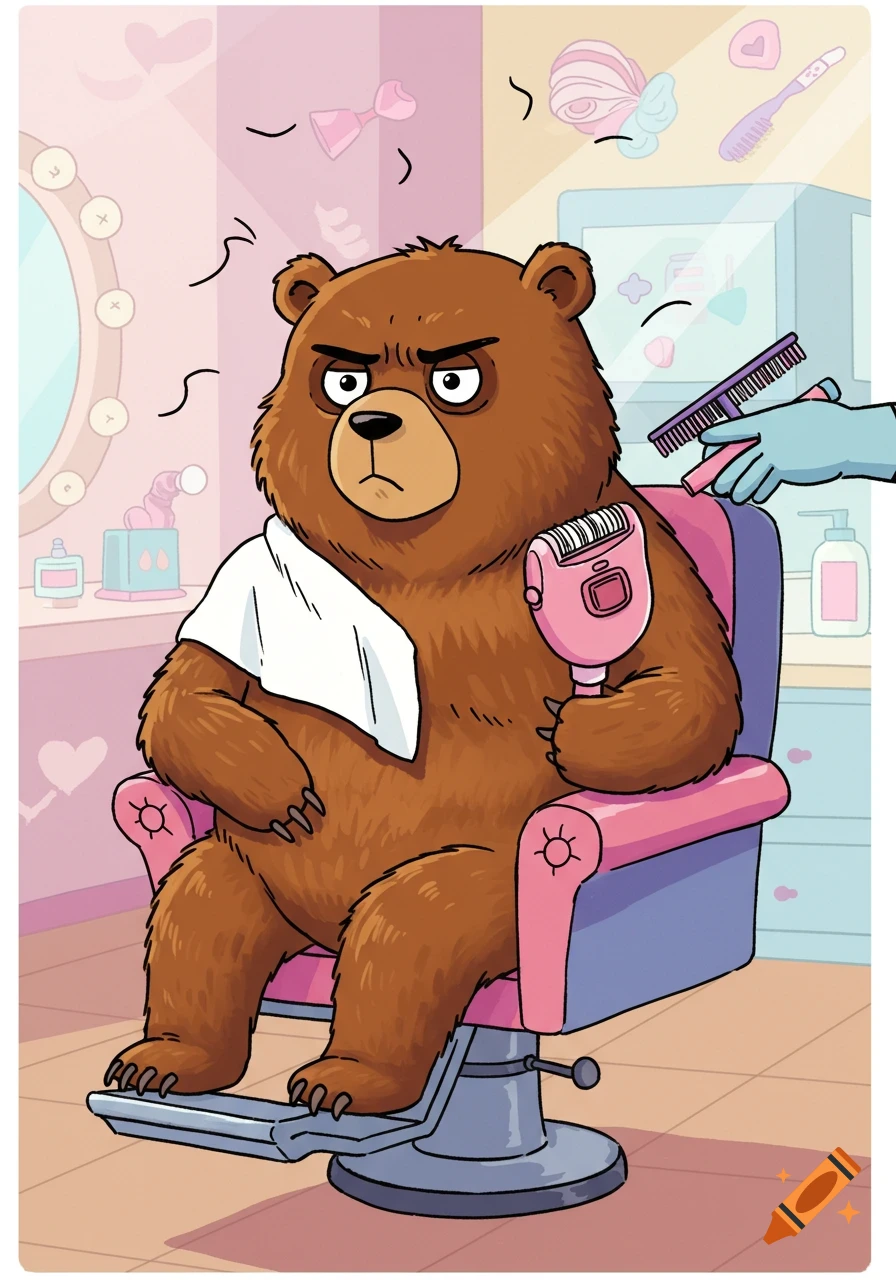 Grumpy cartoon bear in a salon chair holding an epilator.