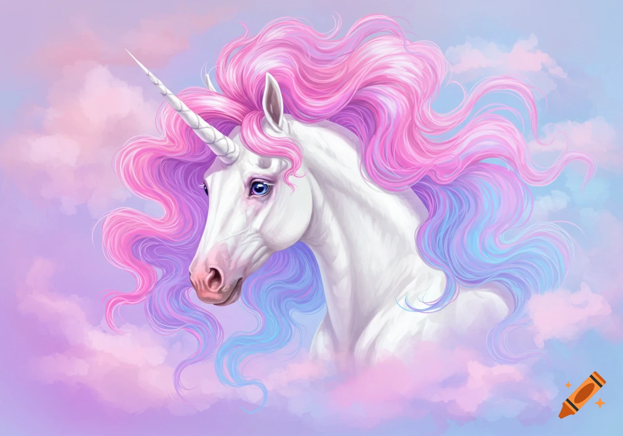 White unicorn head with flowing pink, purple, and blue mane in clouds.
