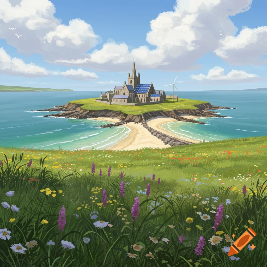 Stylized view of an island with a large stone building topped with solar panels, two beaches, and a wind turbine, seen from a grassy hill covered in wildflowers under a cloudy sky.