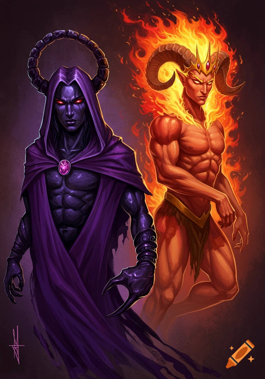 Fantasy illustration of a dark cloaked figure with a scorpion tail halo next to a fiery, horned figure.