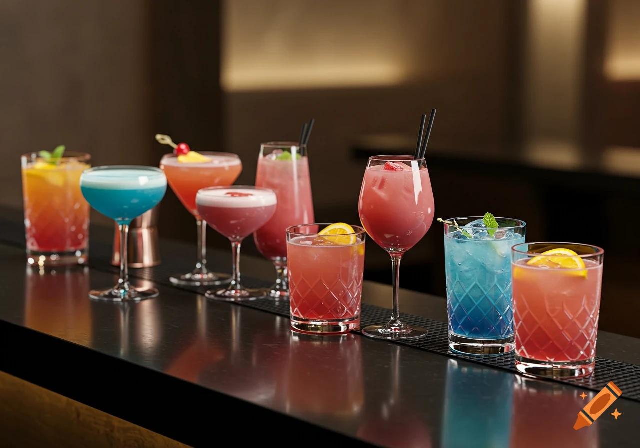 Various colorful cocktails lined up on a black bar counter.