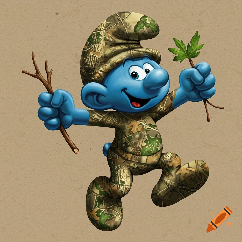 A Smurf character wears camouflage clothing and holds a twig and a leaf.