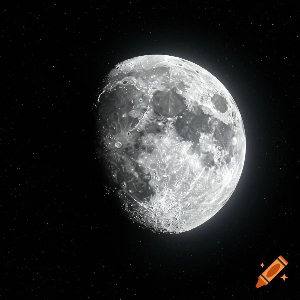 The Moon hangs in the dark, star-filled expanse of space.