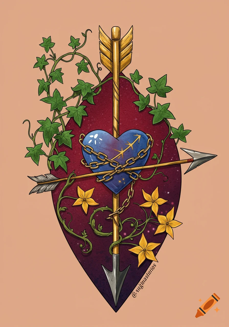 Illustration of a heart with a Sagittarius symbol, pierced by an arrow, wrapped in chains and surrounded by ivy and yellow flowers.