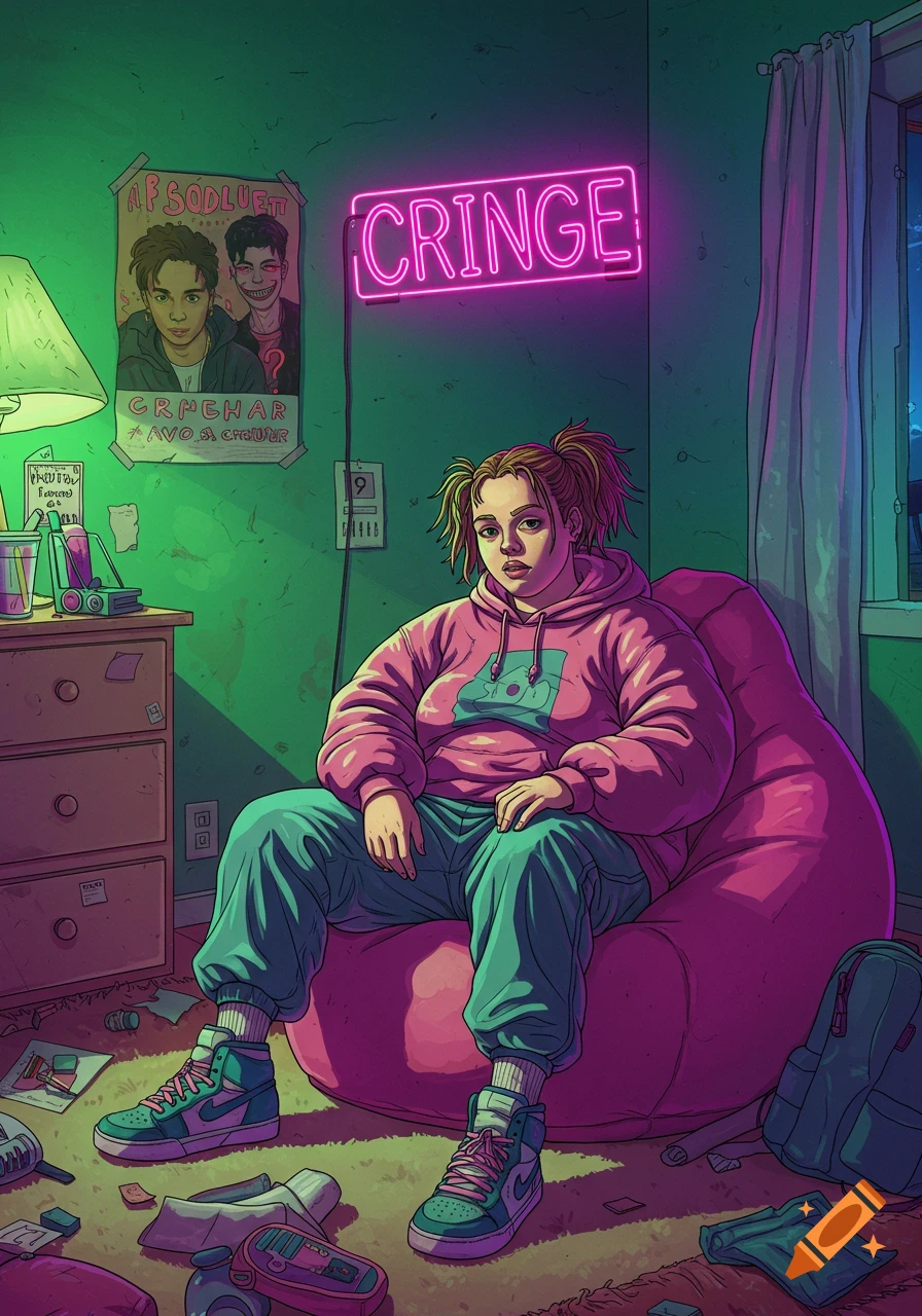 Illustration of a teenager sitting on a beanbag chair in a messy bedroom with a neon "CRINGE" sign.