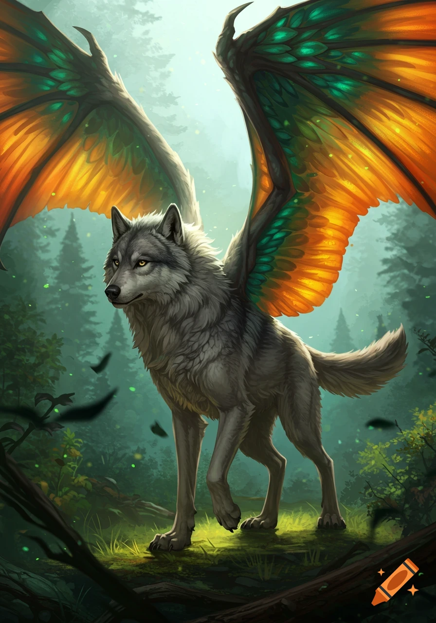 A fantasy illustration of a gray wolf with vibrant orange and green dragon wings standing in a forest.