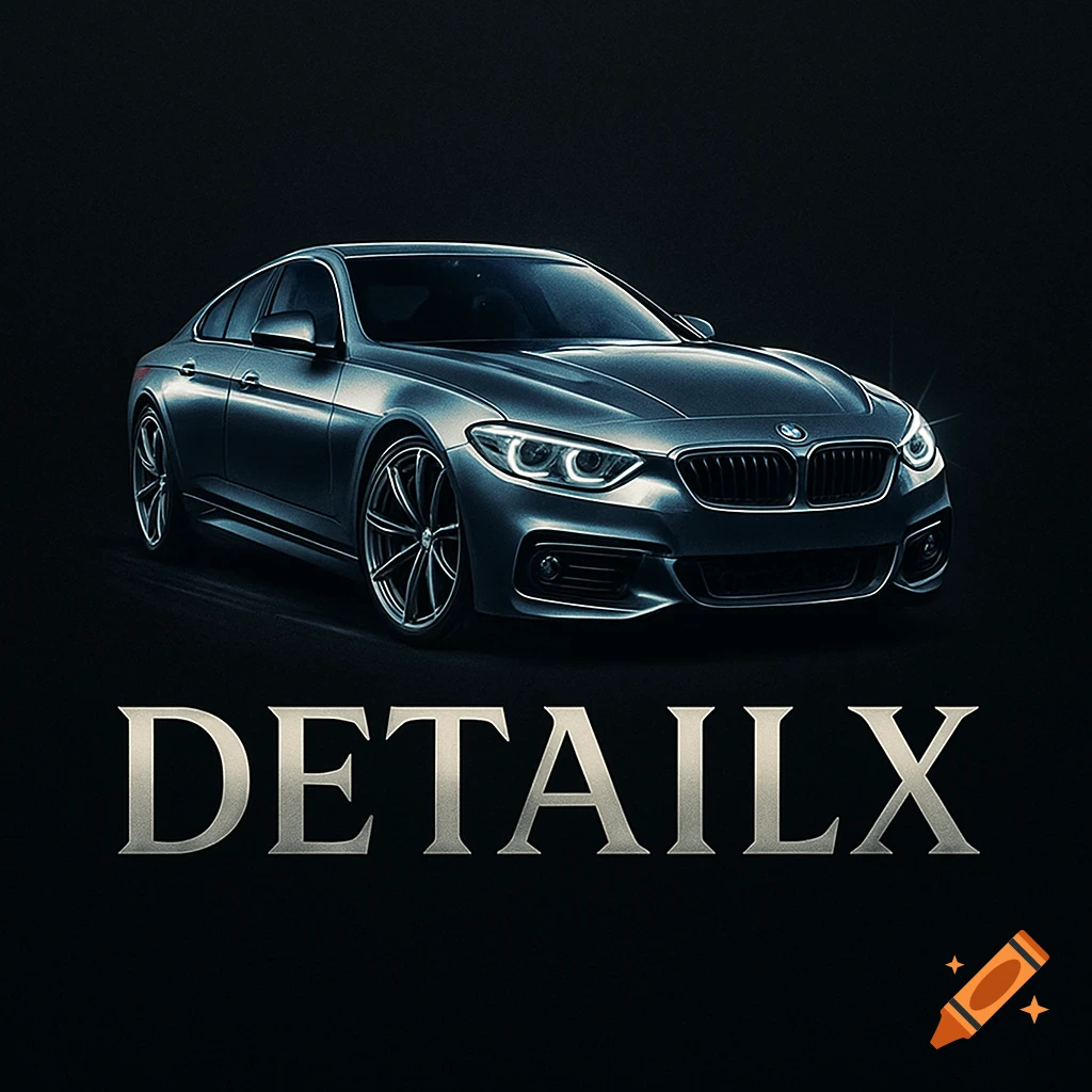 Logo for DetailX featuring a sleek grey sports car on a dark background.