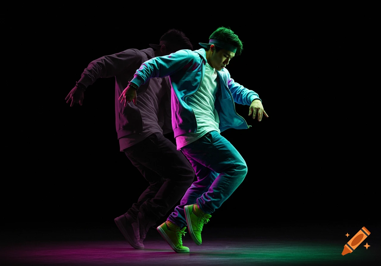 Person breakdancing on a dark stage with colored lighting and a faded duplicate.
