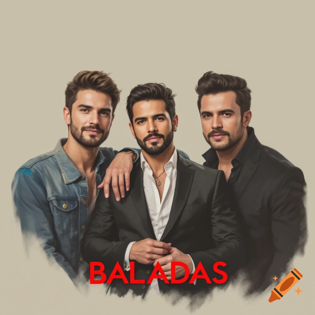Three men posing, like an album cover, with the word BALADAS in red at the bottom.