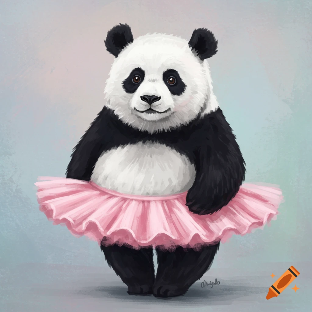 A digital painting of a chubby panda wearing a pink ballet tutu.