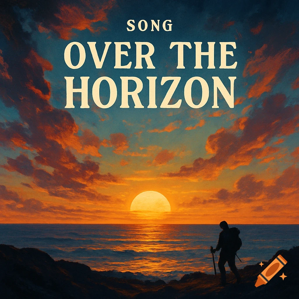 A hiker stands on a hill overlooking a vibrant orange sunset over the ocean with the text 'SONG OVER THE HORIZON' in the sky.