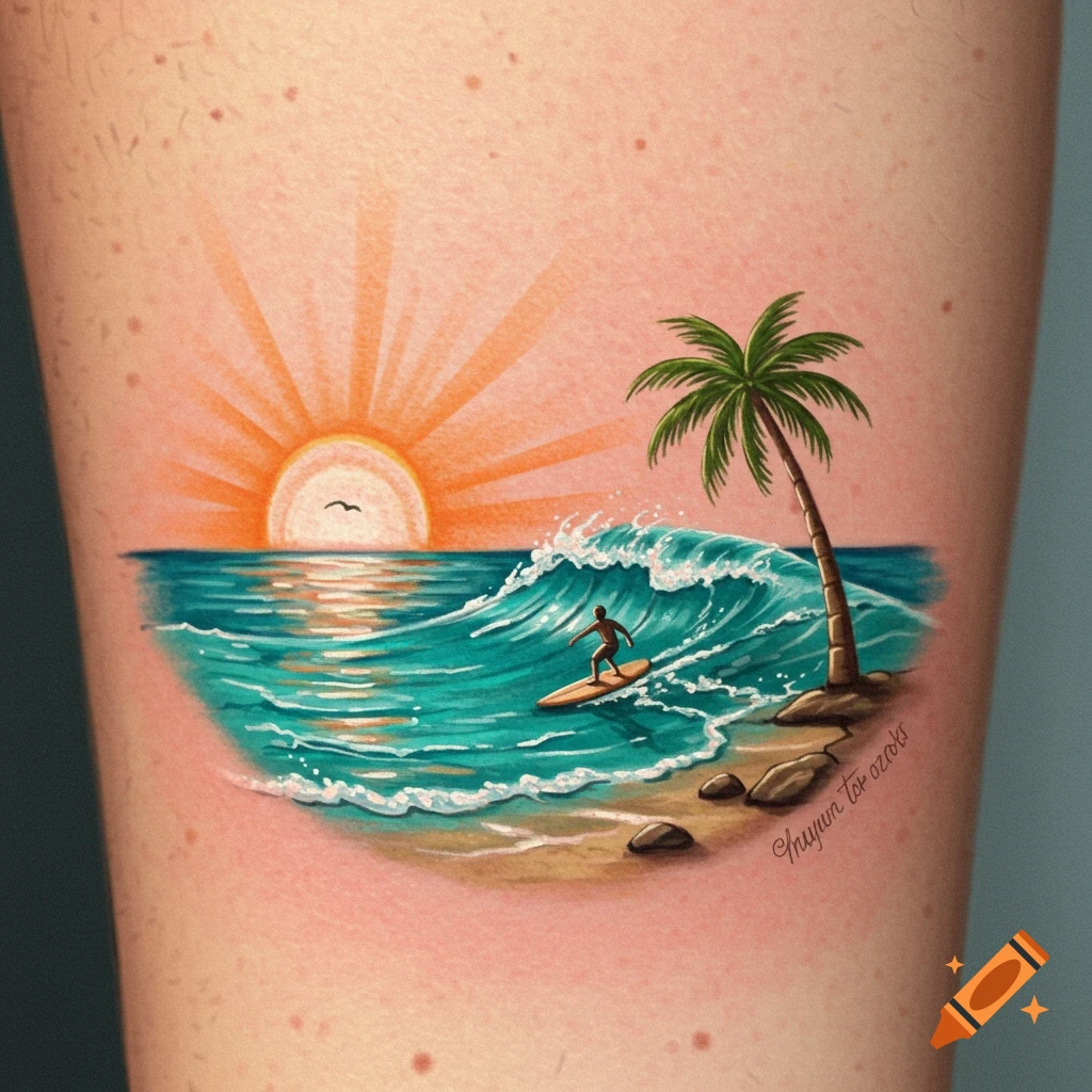 A detailed tattoo showing a surfer riding a wave at sunset with a palm tree on the beach.