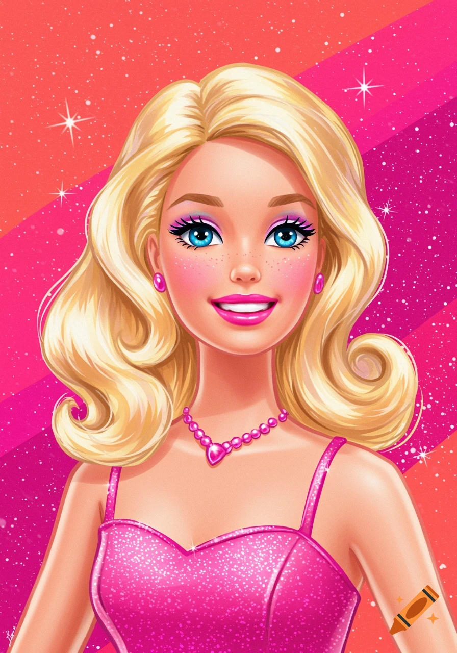 Stylized portrait of a blonde doll-like character in a pink dress against a sparkly background.