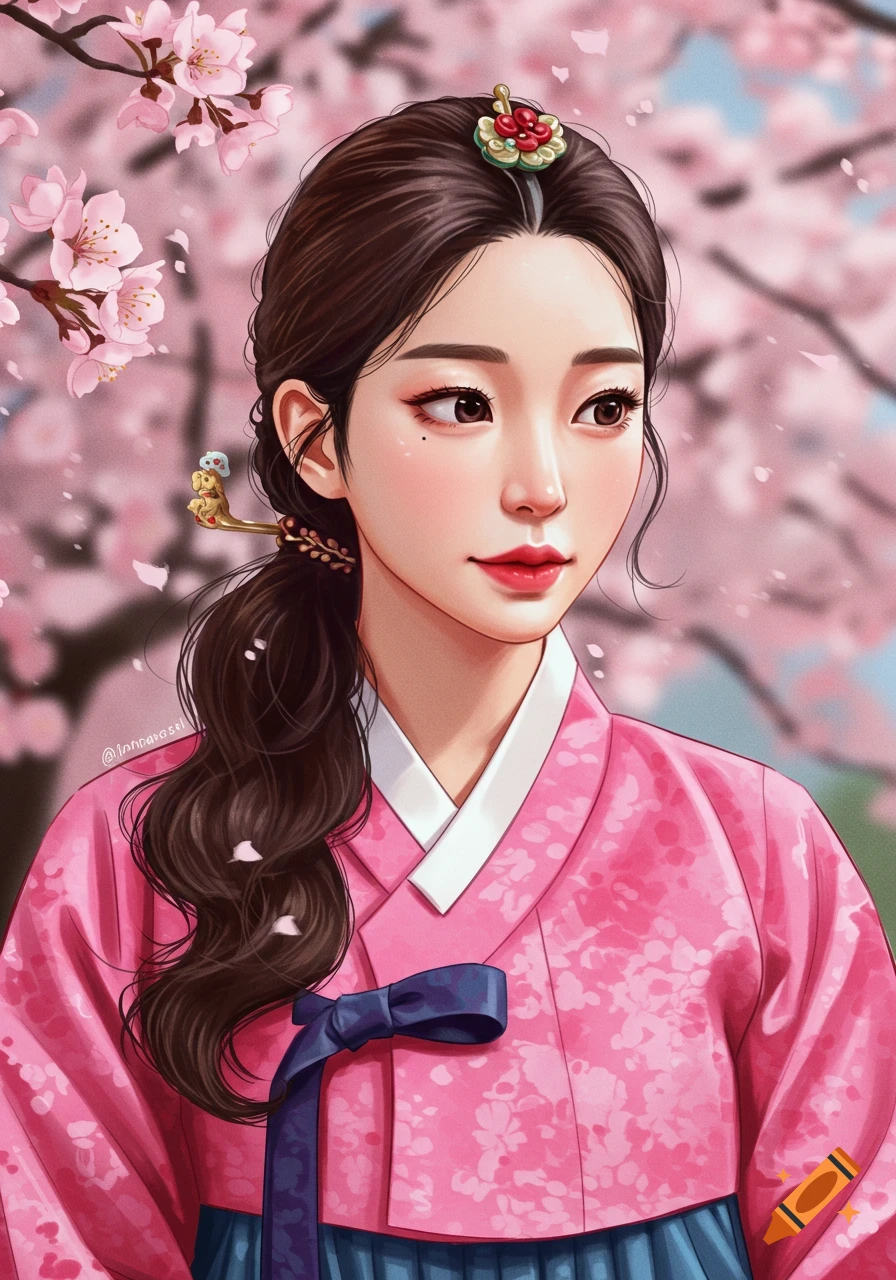 Illustrated portrait of a Korean woman in a pink Hanbok among cherry blossoms.