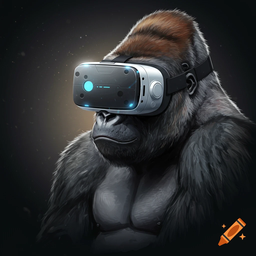 A digital illustration of a gorilla wearing a virtual reality headset