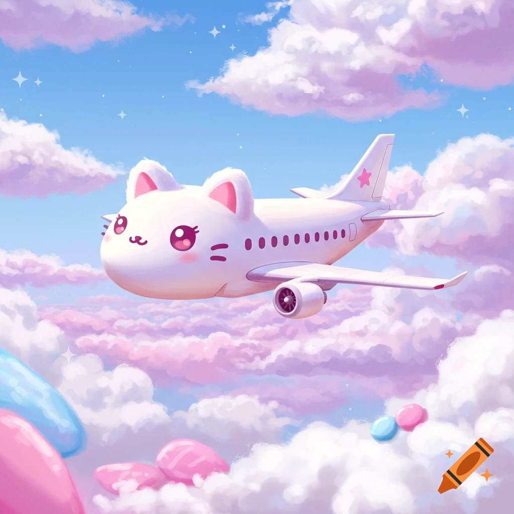 A cute cartoon white airplane with cat ears and face flies through pastel pink and purple clouds with stars.